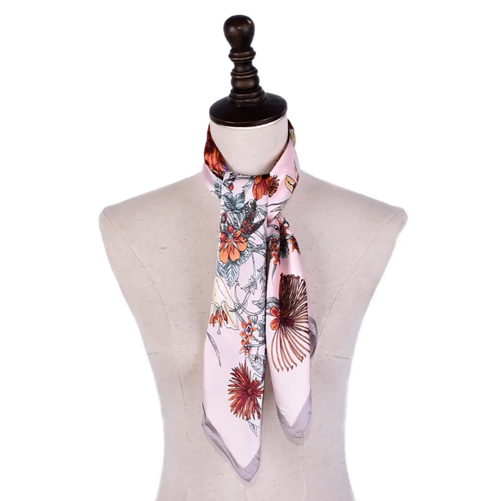 Autuam Women Square Scarf 70x70 Handkerchief feather Flower Printed silk Scarves Fashion Headbands Spring Small Bandana | Аксессуары для