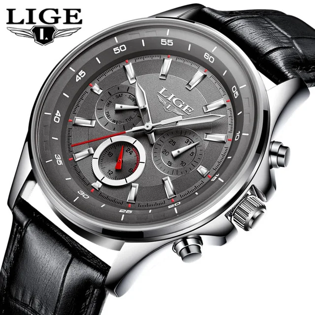 Leather grey Лидирующий бренд, Роскошные мужские часы LIGE, военные спортивные кварцевые часы, мужские деловые кожаные водонепроницаемые часы с хронографом, Relogio Masculino - Цвет: Leather grey