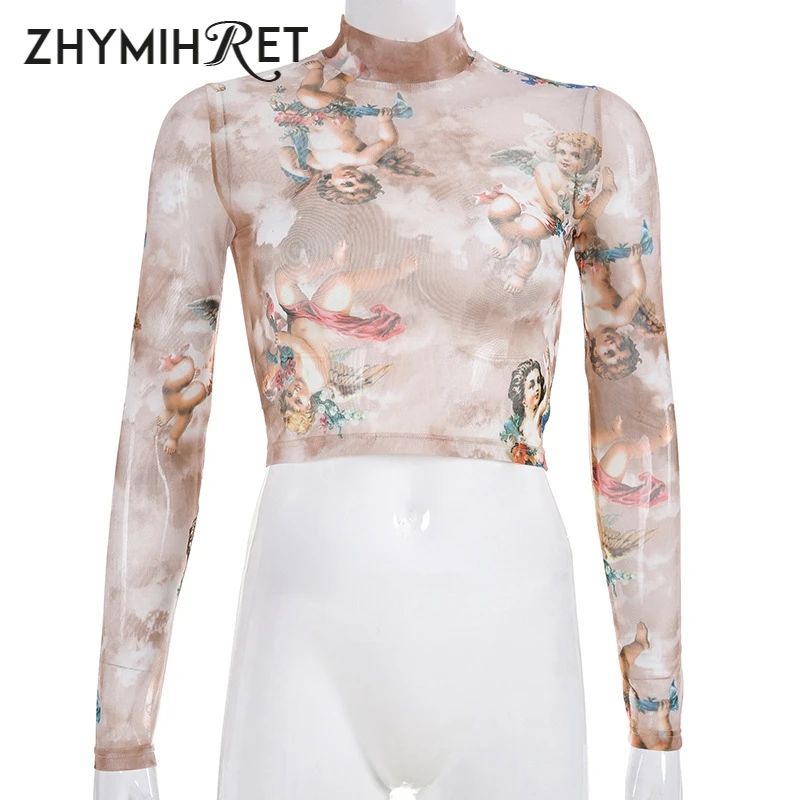 ZHYMIHRET 2019 Забавные футболки с принтом Амур женская прозрачная сетчатая