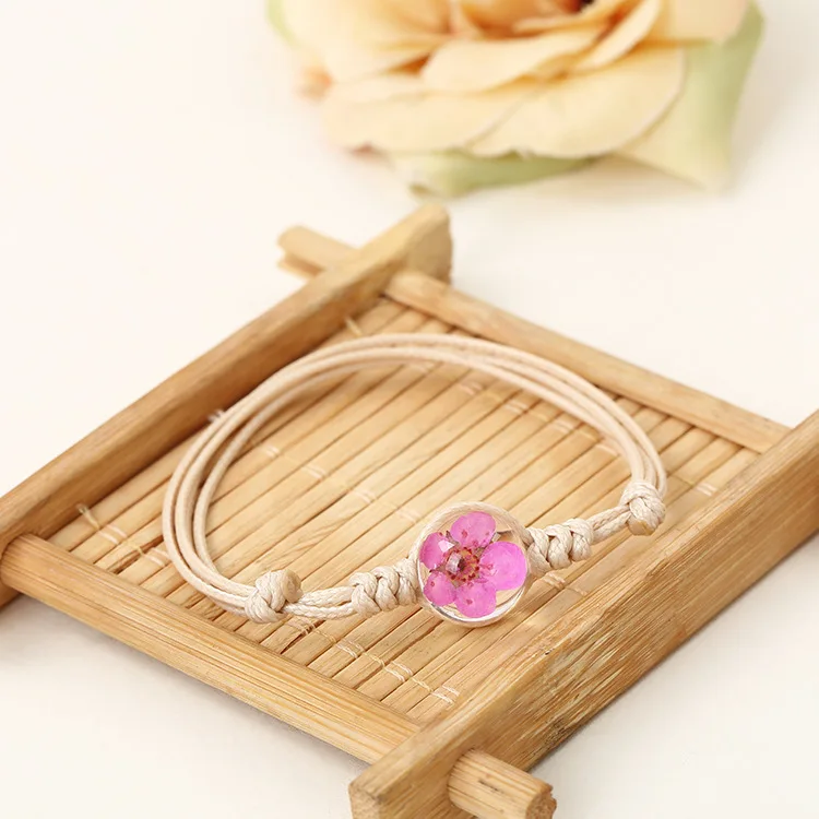 Pink flower YWHL модный зеленый браслет с клевером регулируемый плетеный прозрачный стеклянный розовый высушенный цветок образец девушки браслеты для детей - Окраска металла: Pink flower