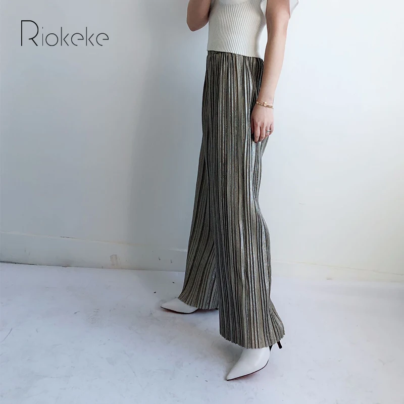 Riokeke 2018 металл сверкающий эластичный пояс Широкие брюки женские Мотобрюки Для