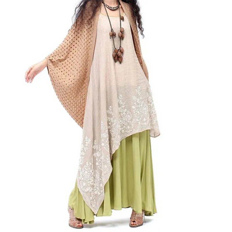 Длинное льняное платье с вышивкой винтажное Хлопковое коротким рукавом и