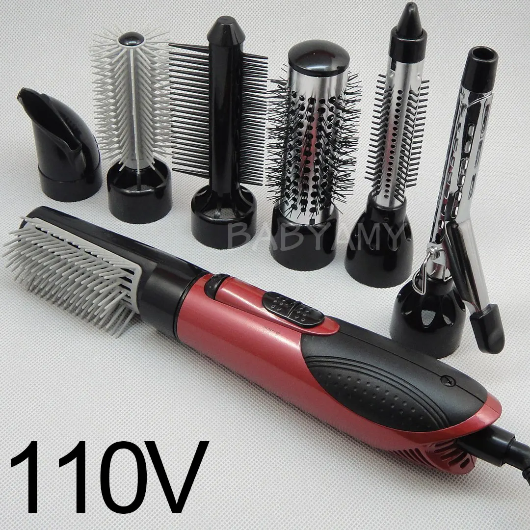 Red 110V 7 в 1 Многофункциональный профессиональный фен для волос с отрицательными ионами с расческой, набор фен для волос, щипцы для завивки волос, прямые волосы с 7 насадками - Цвет: Red 110V