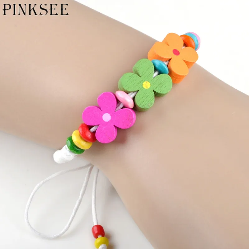 Pinksee 2 шт. цветок искусственный стиль деревянный и веревочный браслет ручной