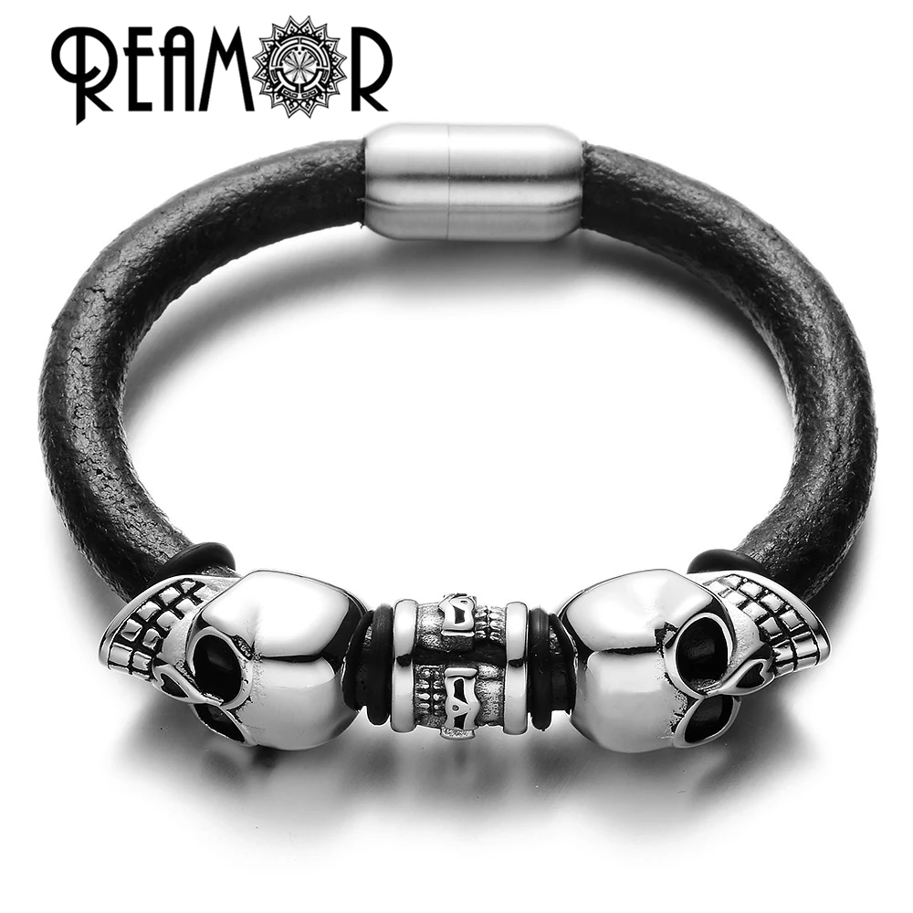 Мужской браслет из натуральной кожи с черепом в стиле панк|bracelet magnetic clasp|leather charm