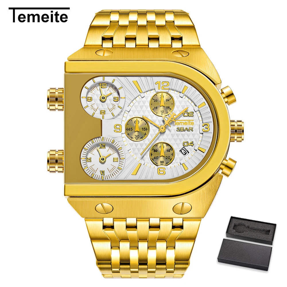 TEMEITE GW with box TEMEITE большие квадратные часы для мужчин роскошные золотые кварцевые часы военные водонепроницаемые мужские наручные часы Relogio Masculino Dourado - Цвет: TEMEITE GW with box