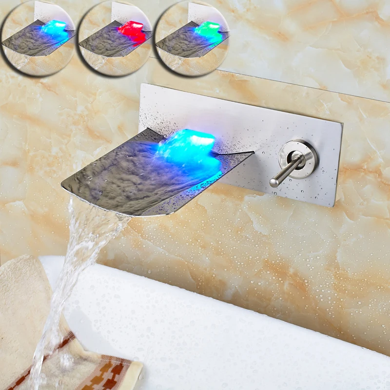 Матовый никель Водопад бассейна кран настенный RGB свет водопроводной воды Одной
