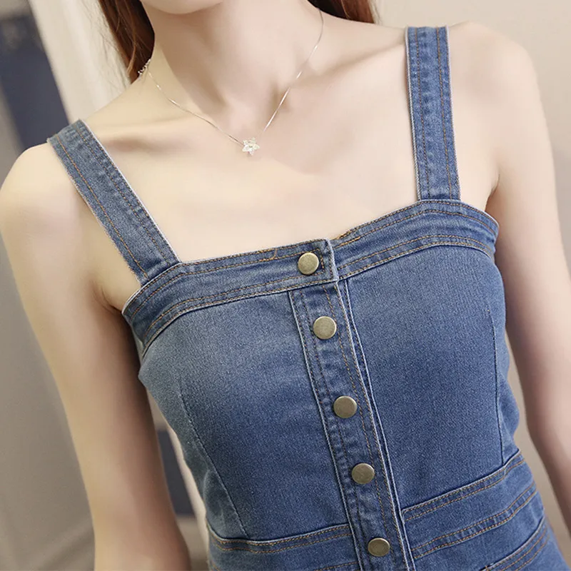 

Summer women denim dresses 2018 new single-breasted ladies dresses high waist was thin medium long ladies strap dresses cw291