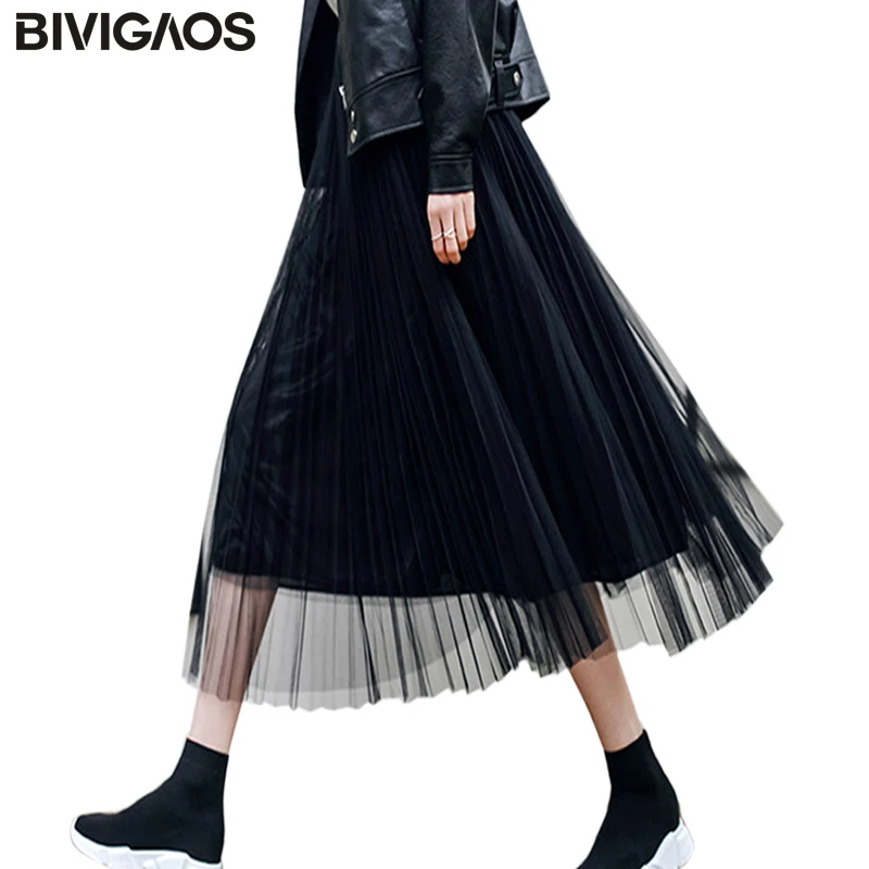 

BIVIGAOS Summer Women Tulle Skirt Pleated Skirt Black High Waist Midi Skirts Thin Chiffon Mesh Yarn loose Long Skirts Women