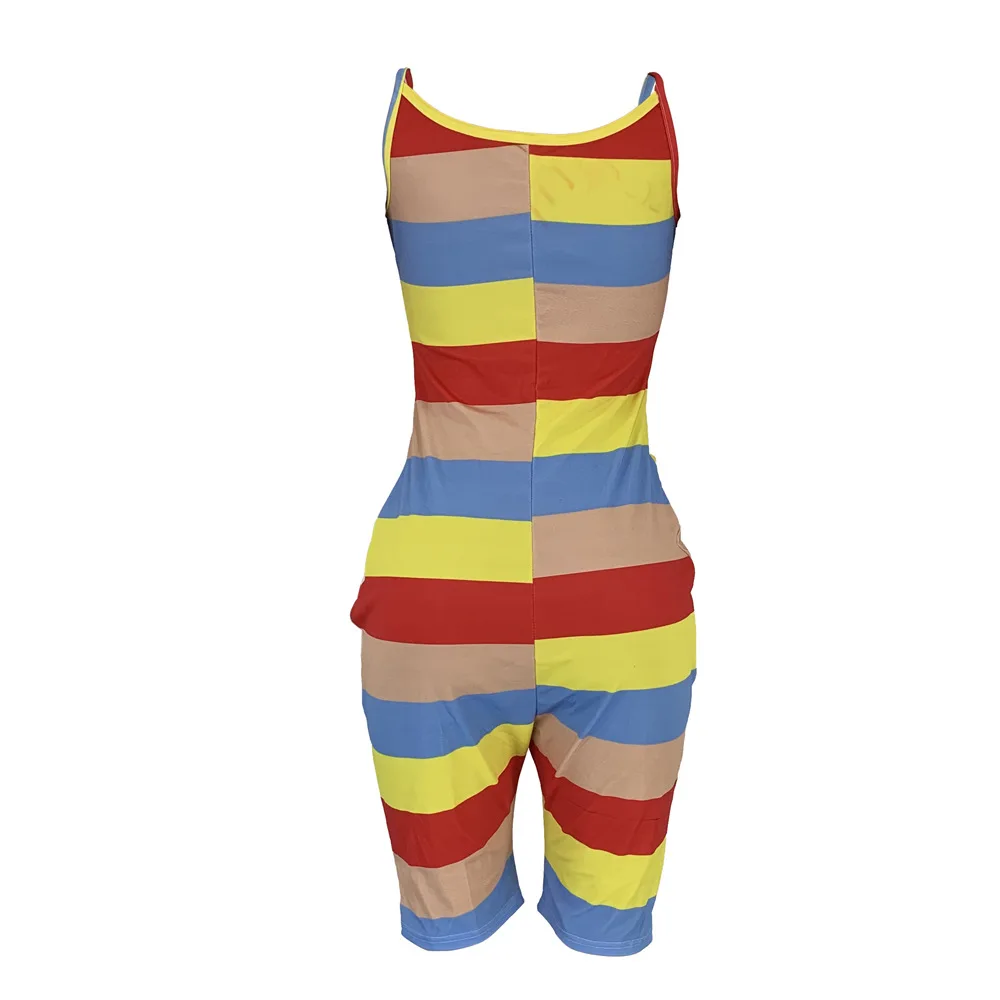 

Colorful Striped Strap Women Jumpsuits Deep V Sleeveless Off Shoulder Plus Size Sexy Overalls Playsuits Streetwear Club Romper
