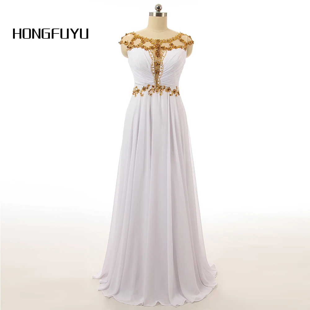 Элегантное белое шифоновое платье с круглым вырезом и золотыми бусинами длинное