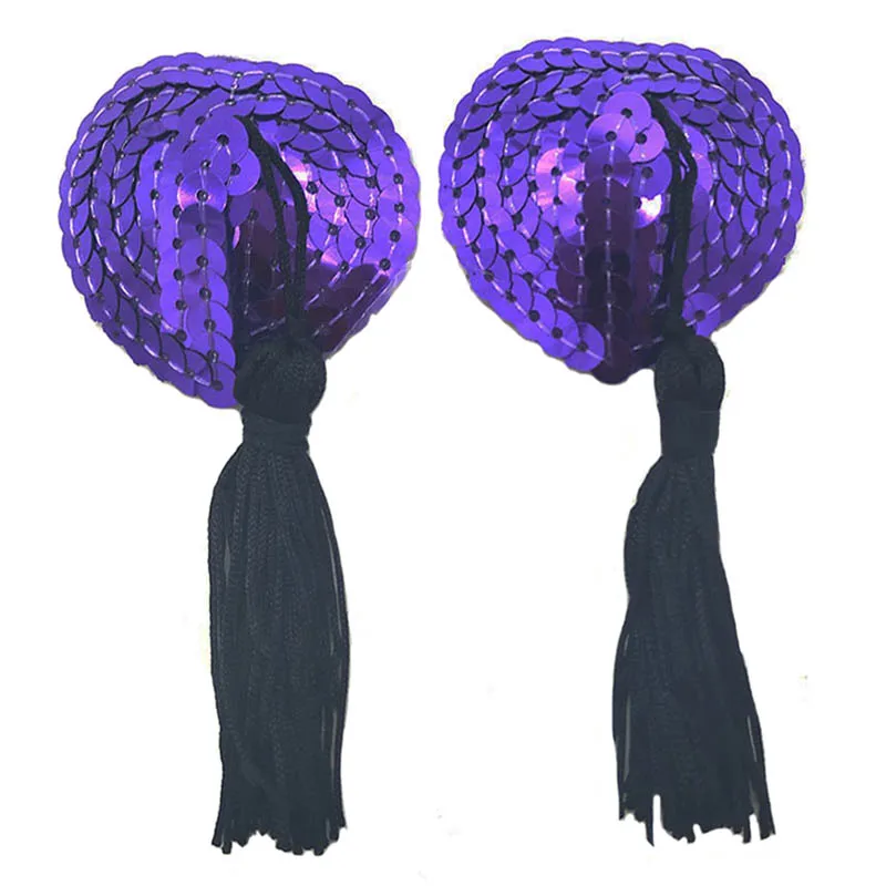 Purpleblack Женские сексуальные наклейки на соски с блестками, наклейки на грудь с кисточками, самоклеющиеся накладки на соски в форме сердца - Цвет: Purpleblack