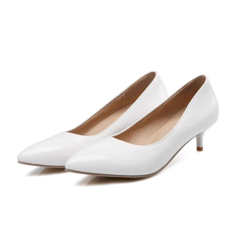 2017 Женская Мода Насосы Спайк Среднего Каблуки Med Указал Toe PU Лакированная Кожа