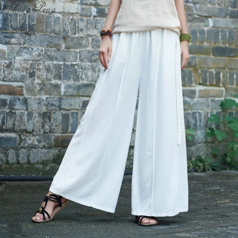

Summer Solid Color Pockets Loose Pants 2019 New Women Vintage Elastic Waist Cotton Linen Wide Leg Full Length Pants V1597