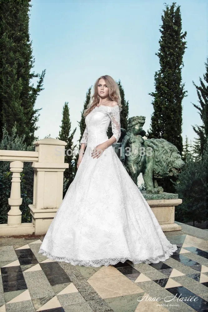 Second Wedding Dress Princess Floor-Length Court Train Lace Scoop Off The Shoulder Three Quarter Natural Up Built-In Bra Customi | Свадьбы и