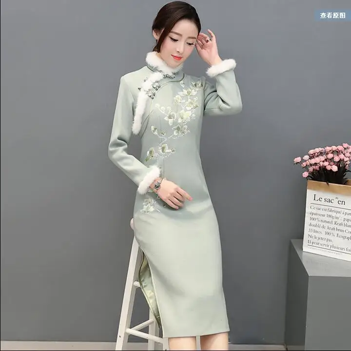 Зимнее Ципао Qipao модное женское пальто китайское платье с вышивкой|Чонсамы| |