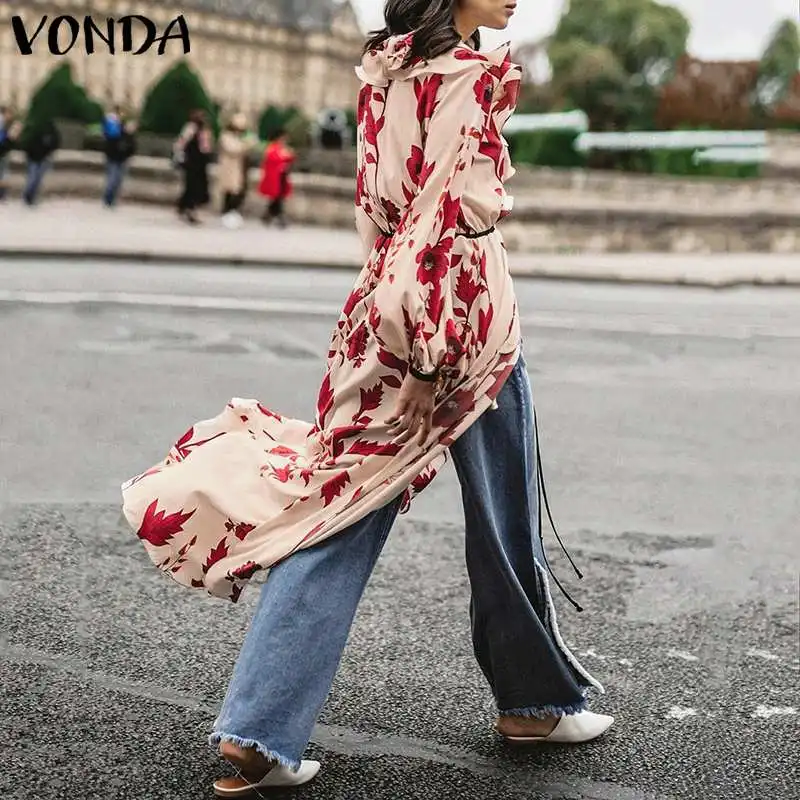 VONDA, новинка, женские блузки с цветочным принтом, сексуальные, v-образный вырез, длинный рукав, Длинные Топы, повседневные, свободные, размера плюс, рубашки с оборками, винтажные Топы