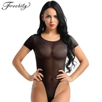 womens one piece mesh see through sheer teddy short sleeve high cut bodysuit romper bikini thongs swimsuit jumpsuit