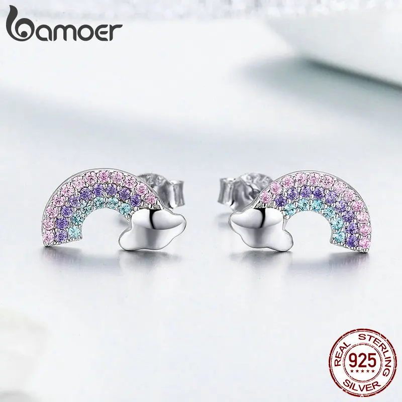 BAMOER радужные серьги-гвоздики в облаке для женщин, красочные кубические циркония, 925 пробы, серебряные ювелирные изделия, подарки для девочек GXE578
