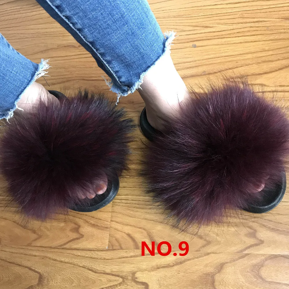 Модные тапочки с ворсом пушистые плюшевые шлепанцы натуральным мехом енота