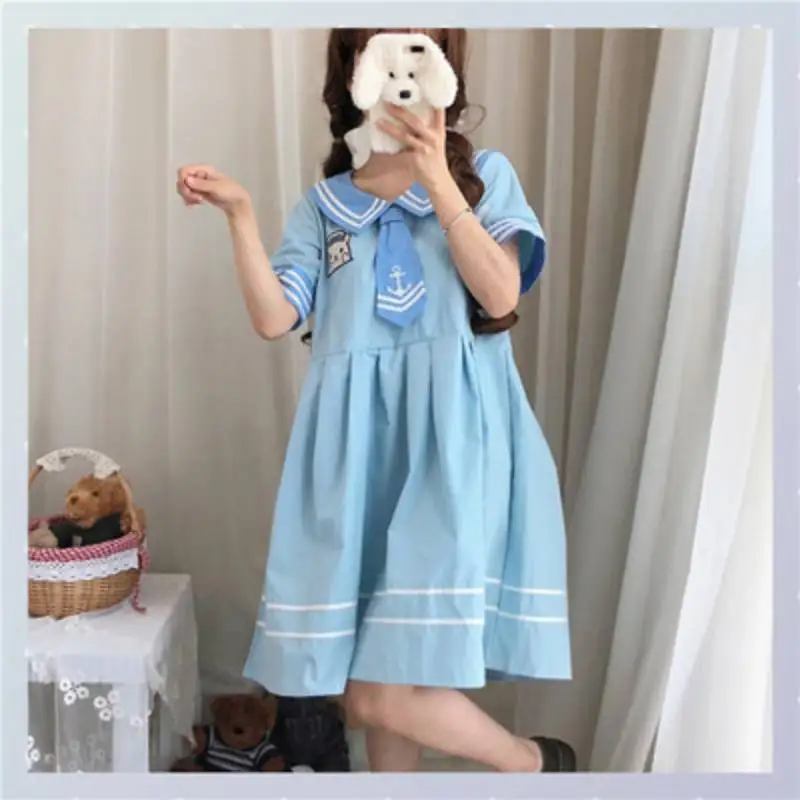light blue dress Женское платье в японском стиле «Лолита»; Повседневное платье Kawaii в стиле колледжа; платье с вышивкой медведя; светло-синее платье; милое платье в стиле «лолита» для девочек - Цвет: light blue dress