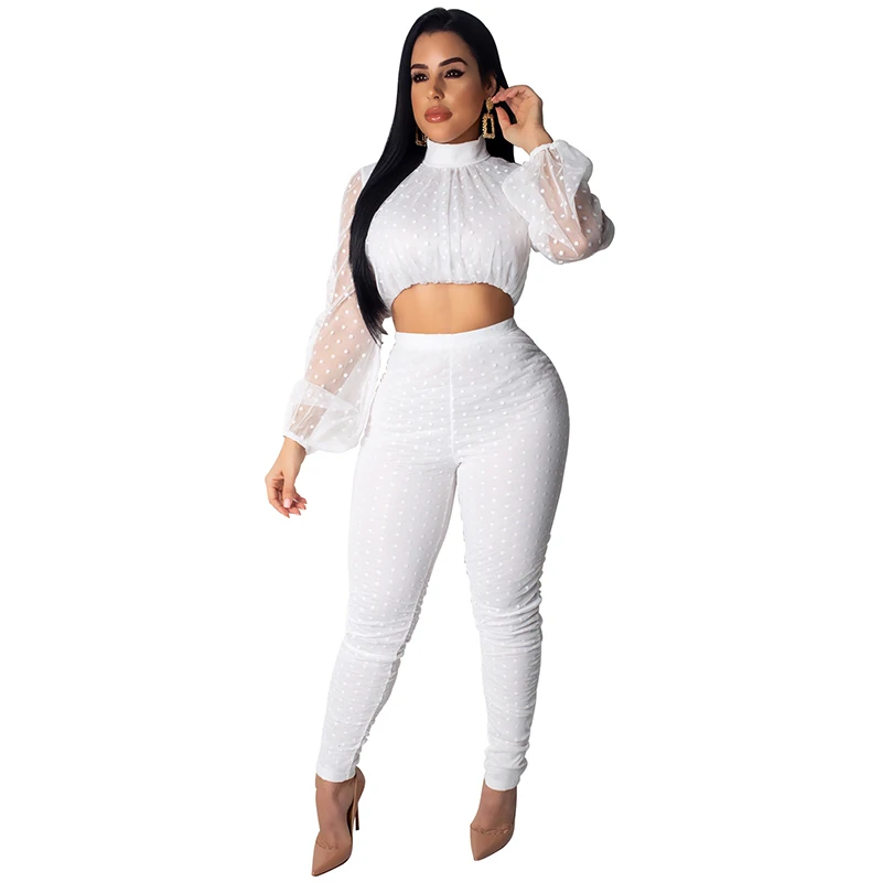 Perspective dot mesh long-sleeved short jacket nine points trousers split two-piece free shipping | Женская одежда