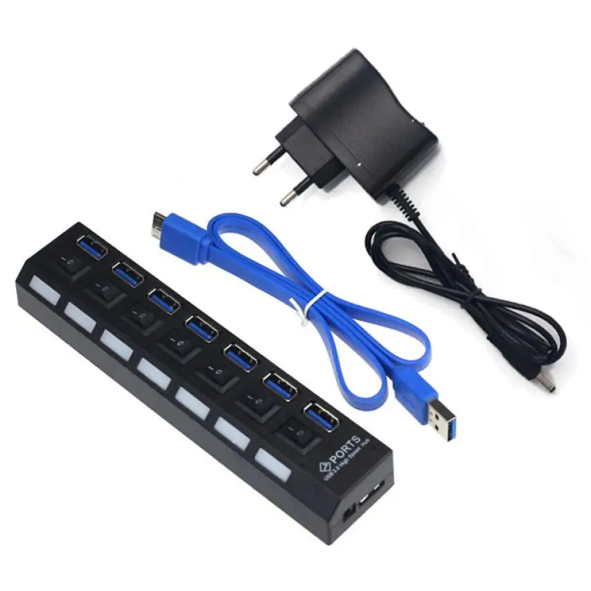 Европейский 7-портовый USB 3 0 концентратор скорости с адаптером питания для ПК