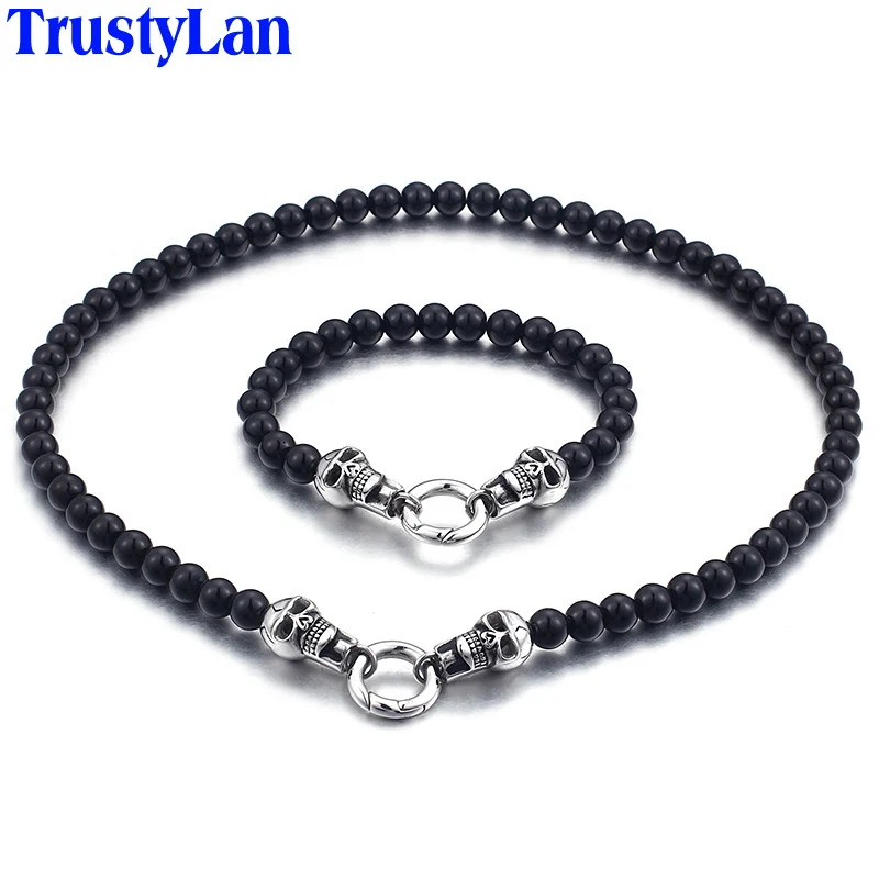 Trustylan Панк Рок Двойной Череп Ювелирные наборы черный браслет & Цепочки и ожерелья
