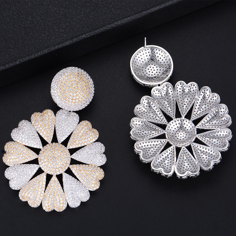 

68mm Lovely Round Pierced Flower Pendant Heart Cubic Zirconia Dangle Drop Earrings For Women Girls