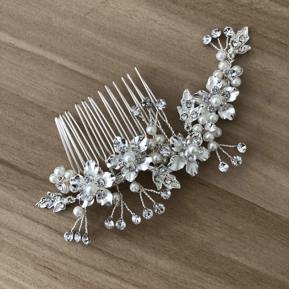 New Arrive Shinning Handmade Wedding Thick Silver Hair Comb Metal Flowers Accessories For Woman Pearl Bridal Jewelry |