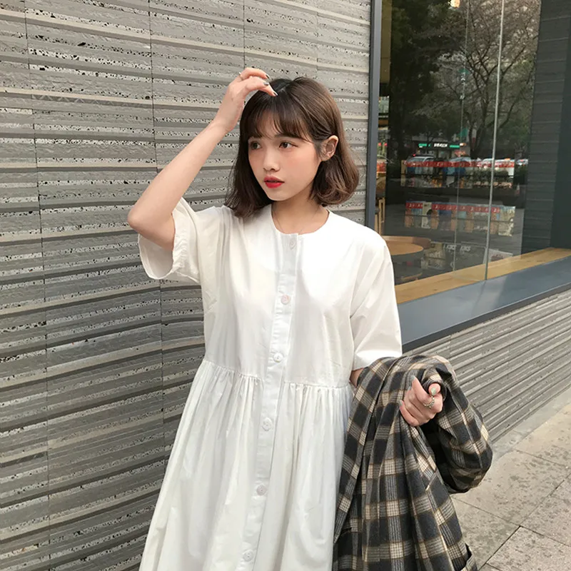 Летнее платье 2019 женское однотонное мини с круглым вырезом и коротким рукавом s