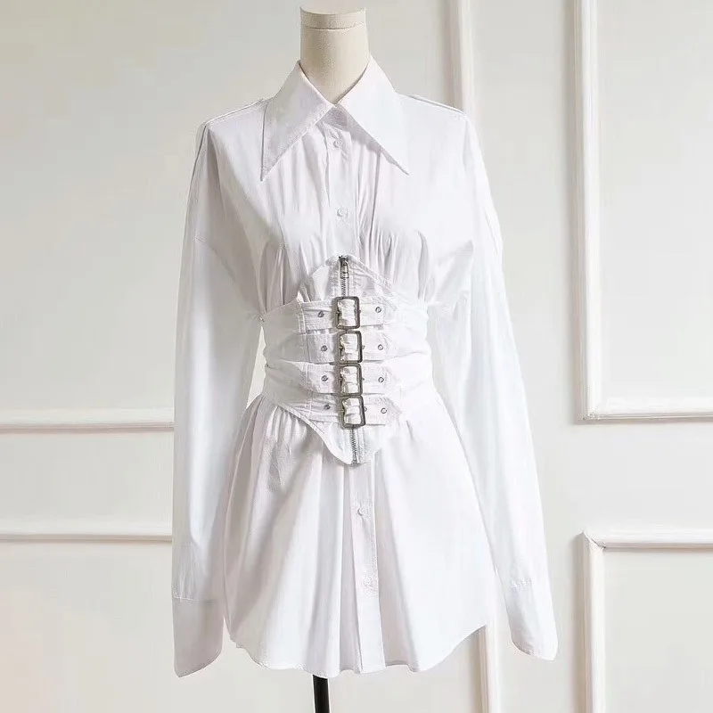 White Dress TWOTWINSTYLE осенние платья для женщин с лацканами и длинным рукавом Высокая талия Регулируемая Талия Мини платье женская модная одежда Новинка - Цвет: White Dress