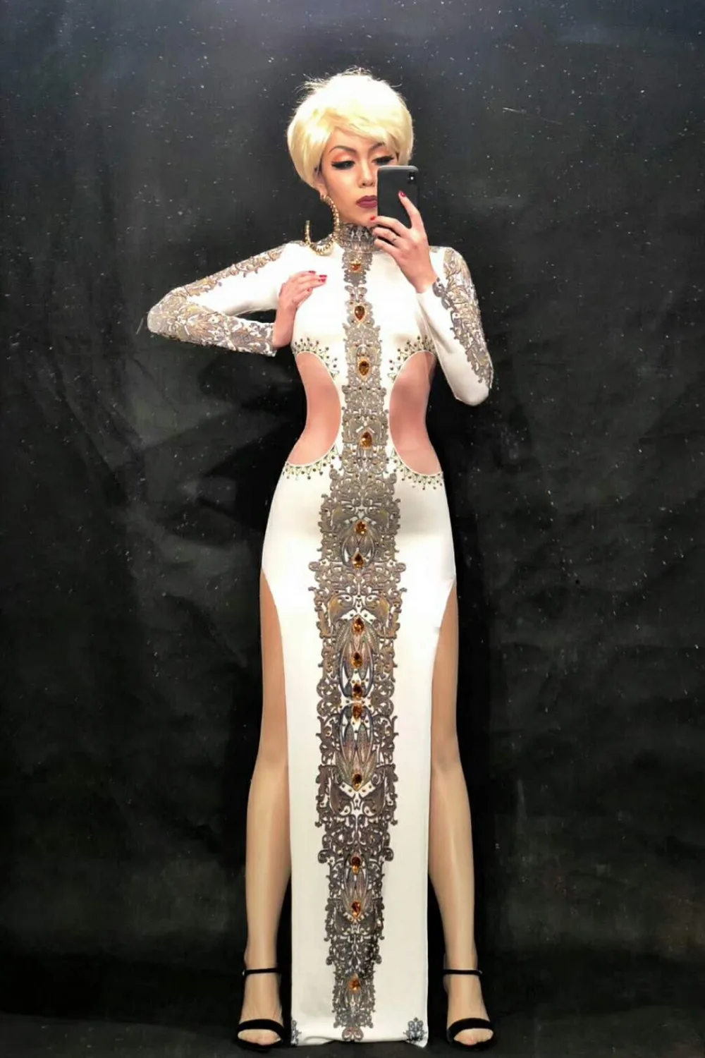 Women New Sexy White Long Dress Big Yellow Rhinestone Sparkling Nightclub Party Banquet Clothing Stage Wear Singer Costume | Тематическая