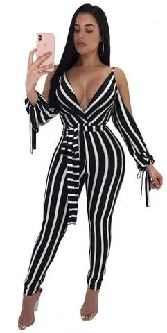 Сексуальный полосатый комбинезон Женский Облегающий с глубоким v образным