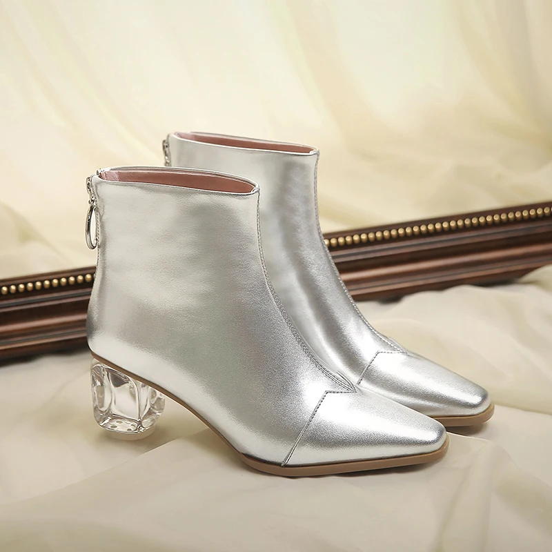 WETKISS Cow Leather Ankle Boots Women Crystal Heels High Booties Pointed Toe Shoes Female Zip Party Shoes Ladies Autumn New