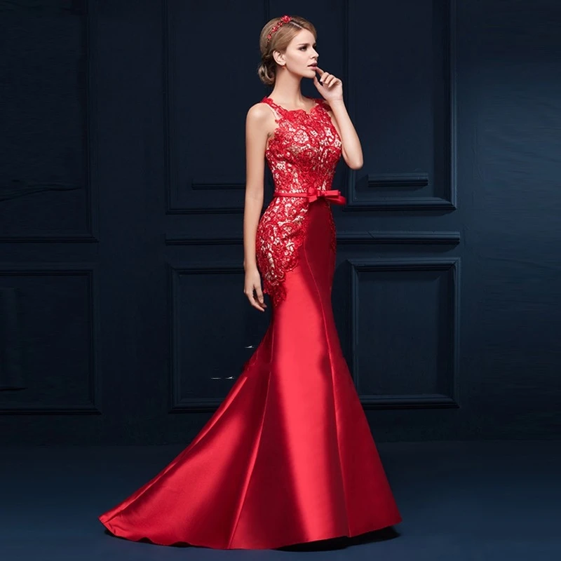 Evening Dress Dressv Scoop Шеи Аппликации Бантом Русалка Длинное Вечернее Красный Рукавов
