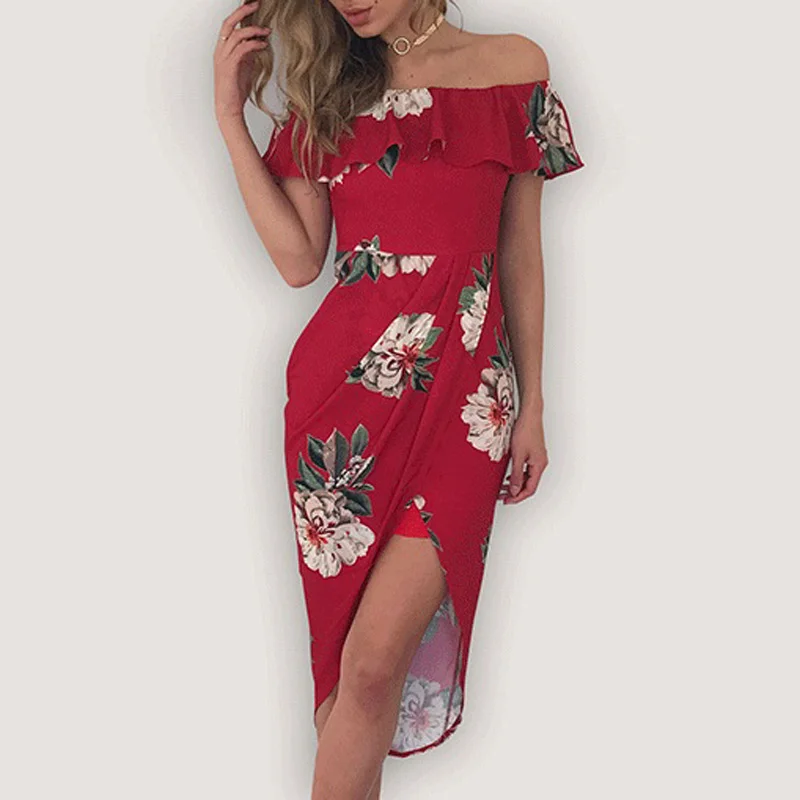 Женское платье в стиле бохо с цветочным узором лодочкой вырезом пляжным платьем