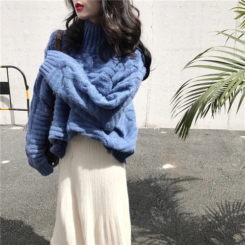 Loose High Collar Long Sleeve Sweet Pink And Blue Female Warm Winter Lady Sweater | Женская одежда