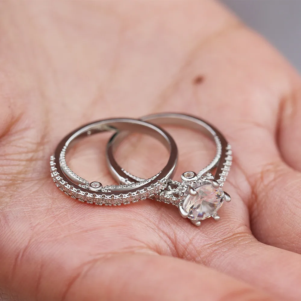 2 шт./компл. обручальные кольца палец кольцо 0,8 Ct Принцесса полудрагоценные камни для женское циркониевое кольцо комплект 3 носить дизайн модные обручальные кольца