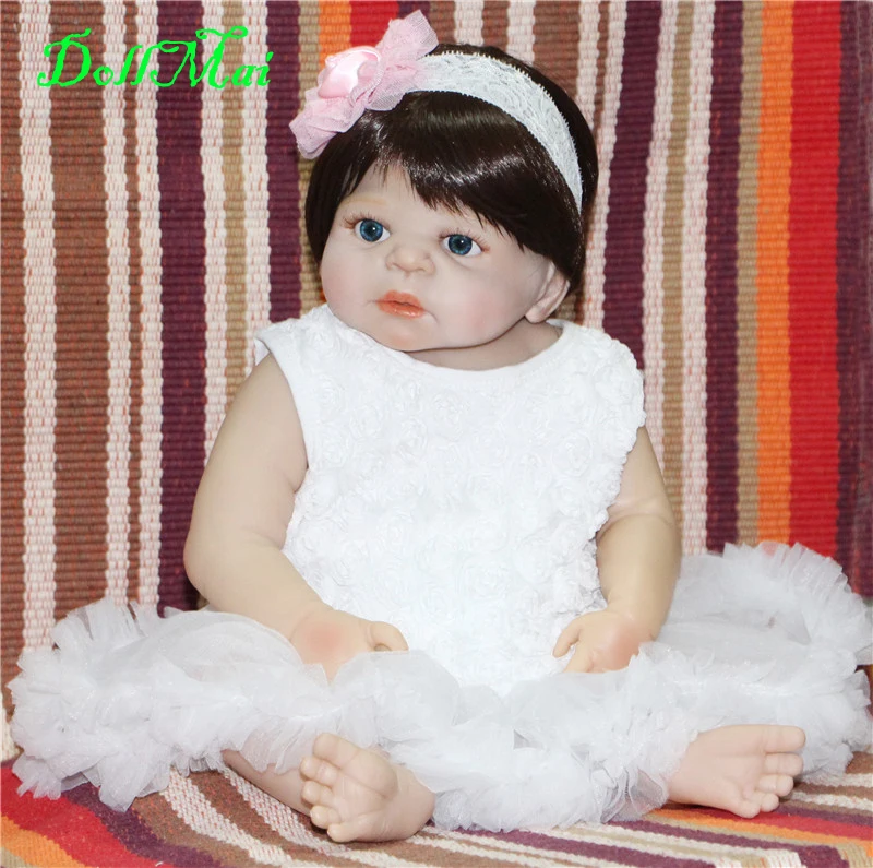 

DollMai 22" full silicone reborn dolls brown hair wig white princess dress with pacifier bottle children gift bebe alive reborn