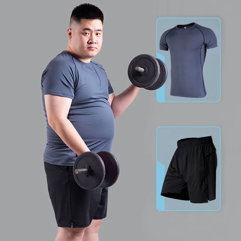 Men's Large size Fitness clothes Set speed dry stretch loose T-shirt gym fat man's short sleeve sportswear | Спорт и