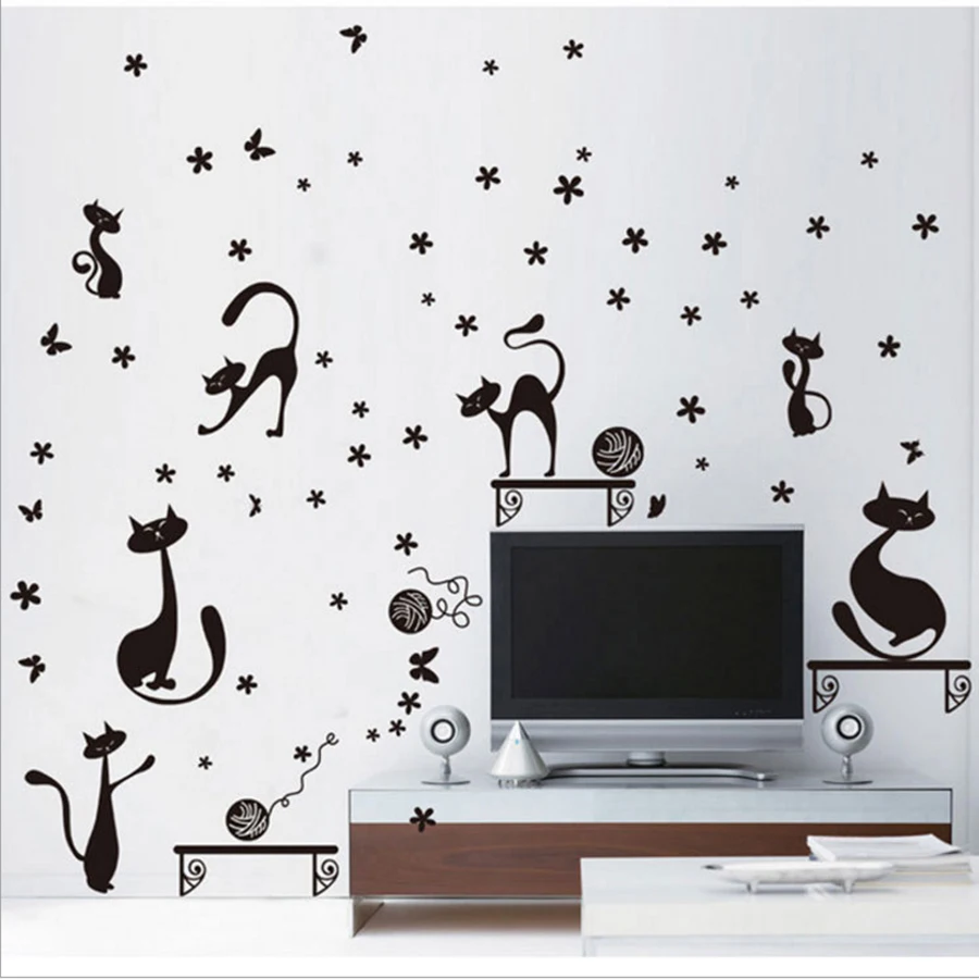 Новый милый мультяшный черный стикер на стену с кошкой детские комнаты