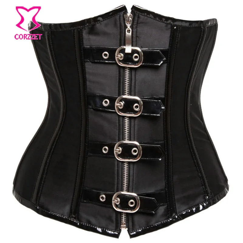 Черный корсет из сатина и ПВХ со стальными костями на молнии соблазнительный для
