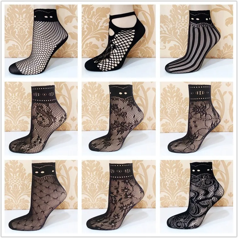 

10Pairs Punk Women Girls Sexy Black Hollow Breathable Mesh Fishnet Socks Female Gothic Stretchable Short Hosiery Ankle Lace Sock