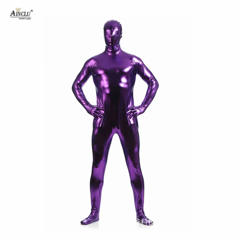 

Ainclu Hot Selling Costume Cosplay Patent Leather Stealth Sexy for Hallween Male Clothing Purple All-inclusive Zentai for adults