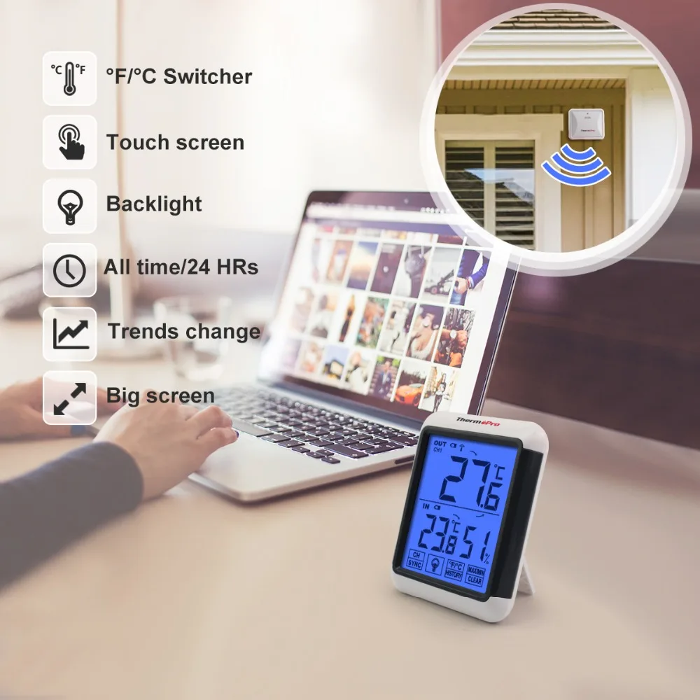 ThermoPro TP65S 60 м беспроводной термометр внутренний и наружный монитор влажности с большим сенсорным экраном