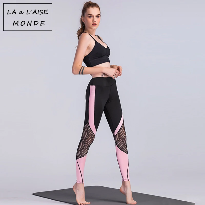 Сексуальные черные кружевные лоскутные спортивные Леггинсы для женщин одежда