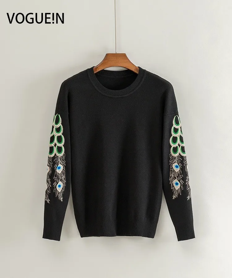 Женские вязаные свитера VOGUEIN с рукавом-пером павлина вышивкой на осень и зиму 4