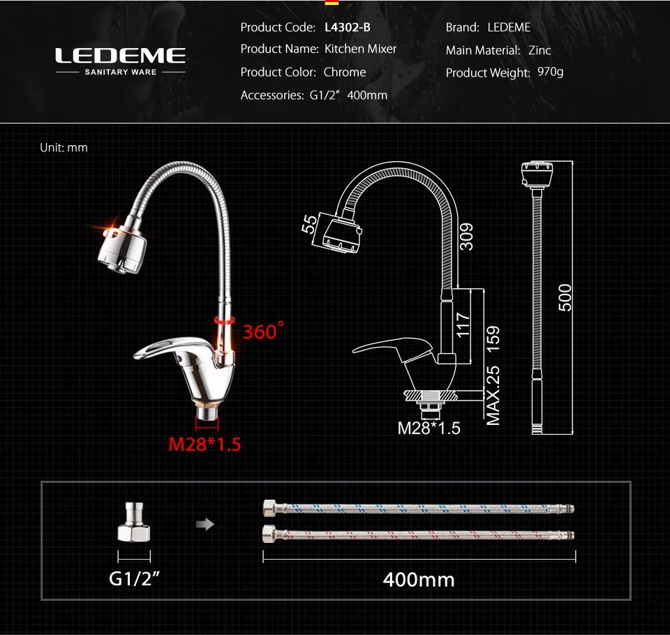 LEDEME Смеситель для кухни с губким изливом силумин Цвет: хром L4302-B