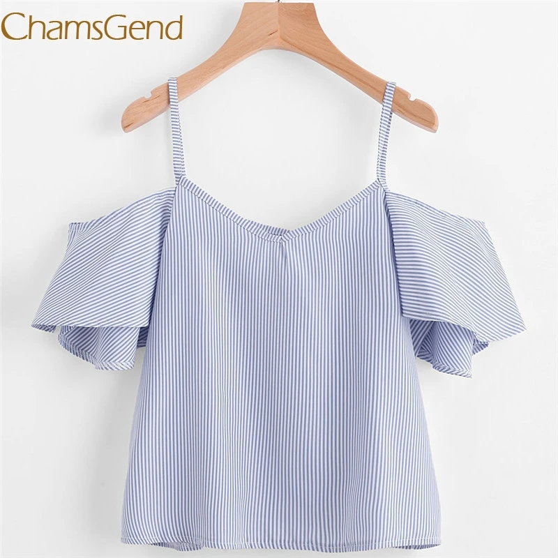 Женский топ в синюю полоску облегающий с коротким рукавом и оборками #0612|Топы| |